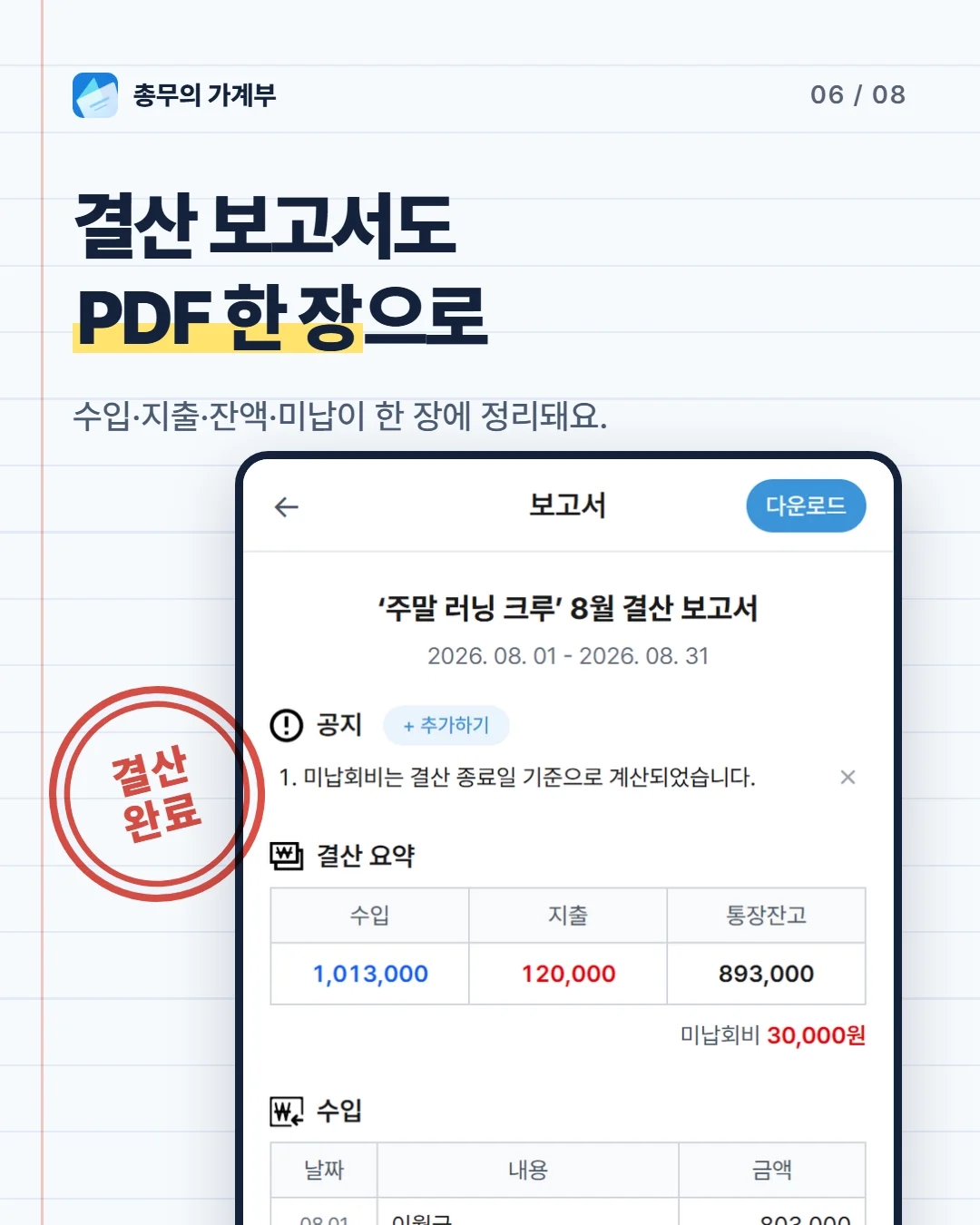 카드 6 — 결산 보고서 화면: 수입·지출·통장잔고·미납회비